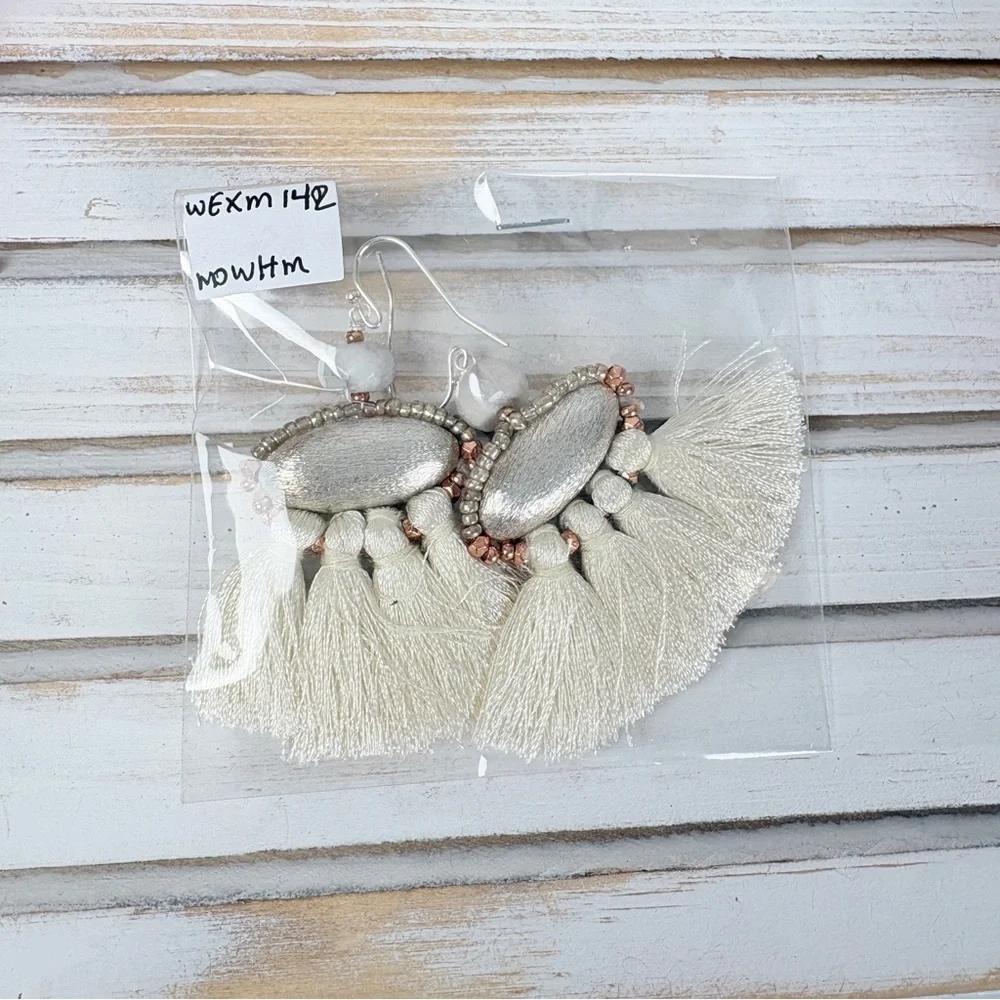 NWT! Nakamol Boho Chic Fringe Handbeaded Silver and Cream Tassel Earrings NEW!